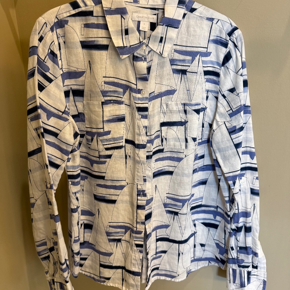 Charter Club S Nautical Long Sleeved Linen Blouse